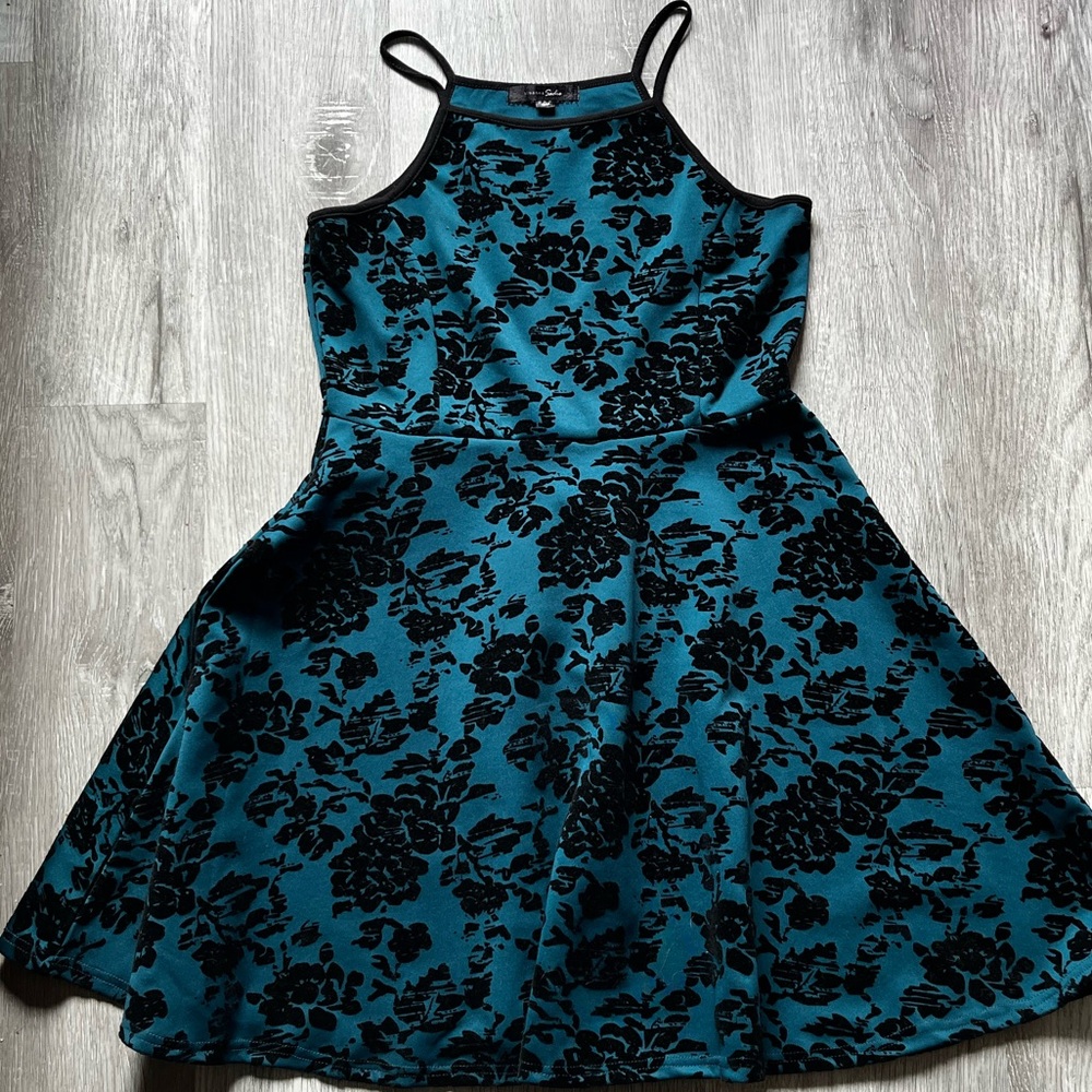 3/$25 Teal dress with black velvet floral pattern